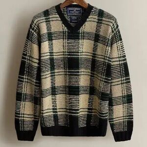 *RARE* Vintage Polo Ralph Lauren Plaid Knit V-Neck Wool Han Knit 90s Sweater